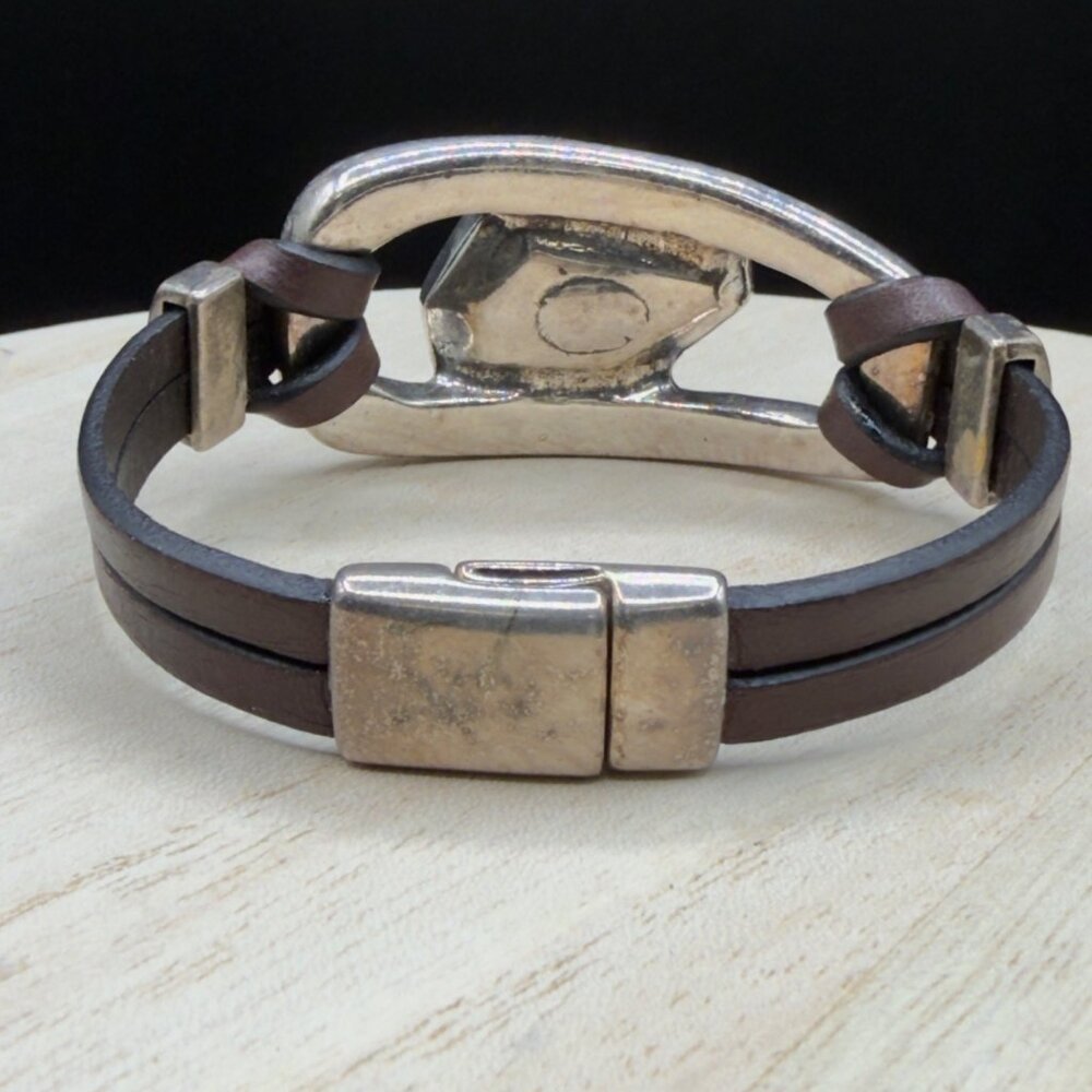 Handcrafted Leather Bracelet Silver Tone Metal Iridescent Glass Stone Magnetic - Picture 2 of 13